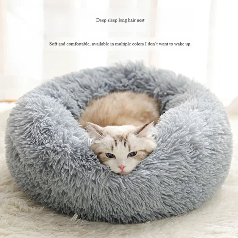 Cat resting in a fluffy round grey pet bed on a soft carpet in natural light