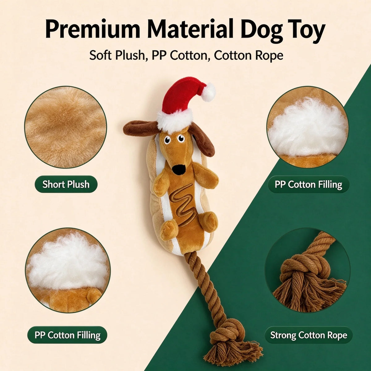 Christmas Dachshund Dog Toy – Plush Squeaky Rope Toy