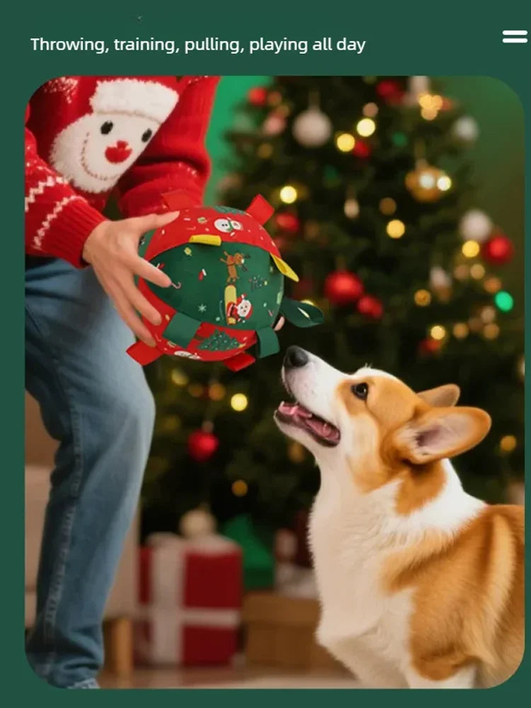 Christmas Plush Dog Ball with Bell – Red Festive Toy
