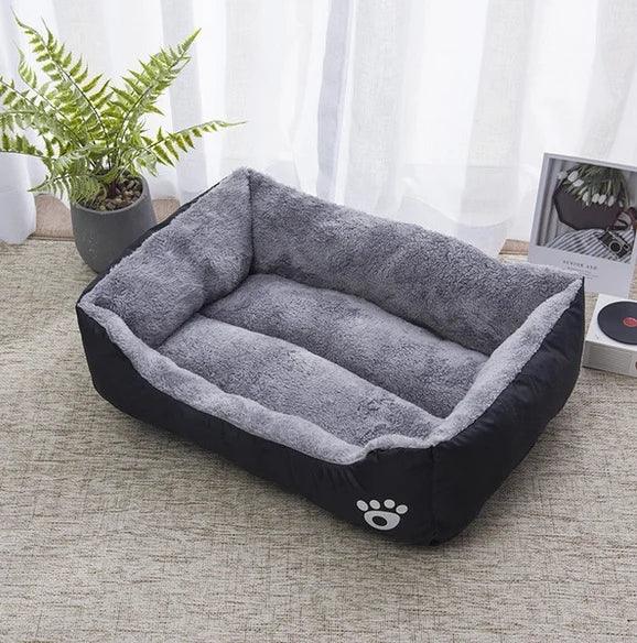 Rectangular gray plush pet bed with raised sides on a carpeted floor, near a potted plant