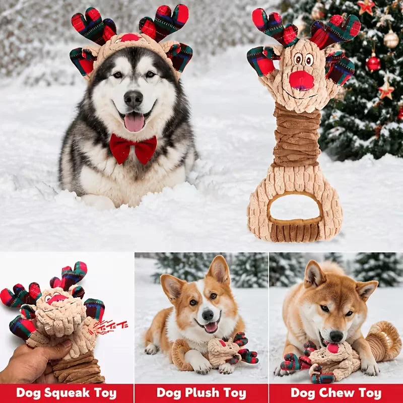 Christmas Reindeer Dog Toy – Plush Squeaky & Crinkle