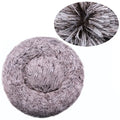 Round fluffy gray pet bed with close-up of soft plush texture