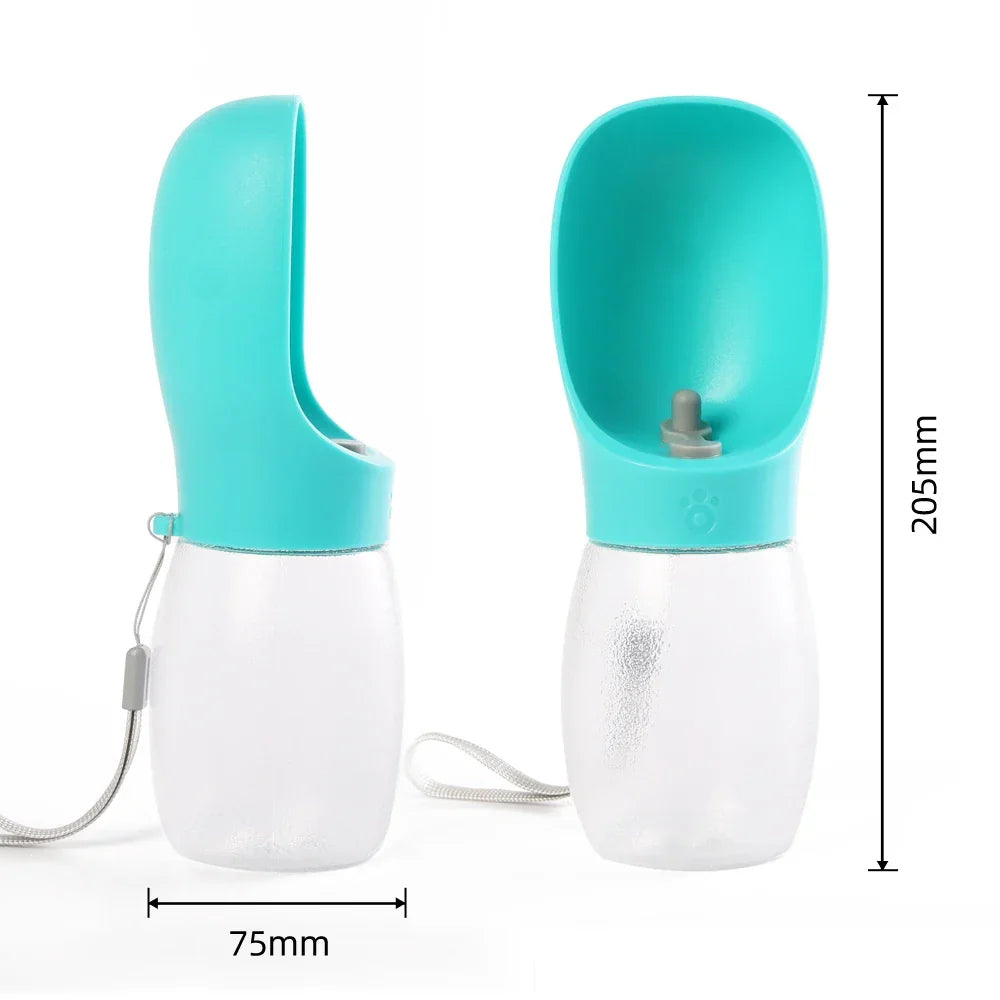 Portable pet water bottle with turquoise drinking cup, clear base, and carrying strap, 205mm tall.