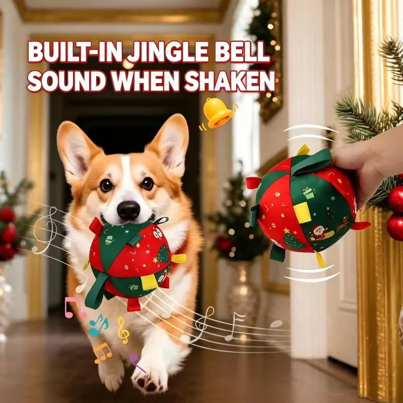 Christmas Plush Dog Ball with Bell – Red Festive Toy