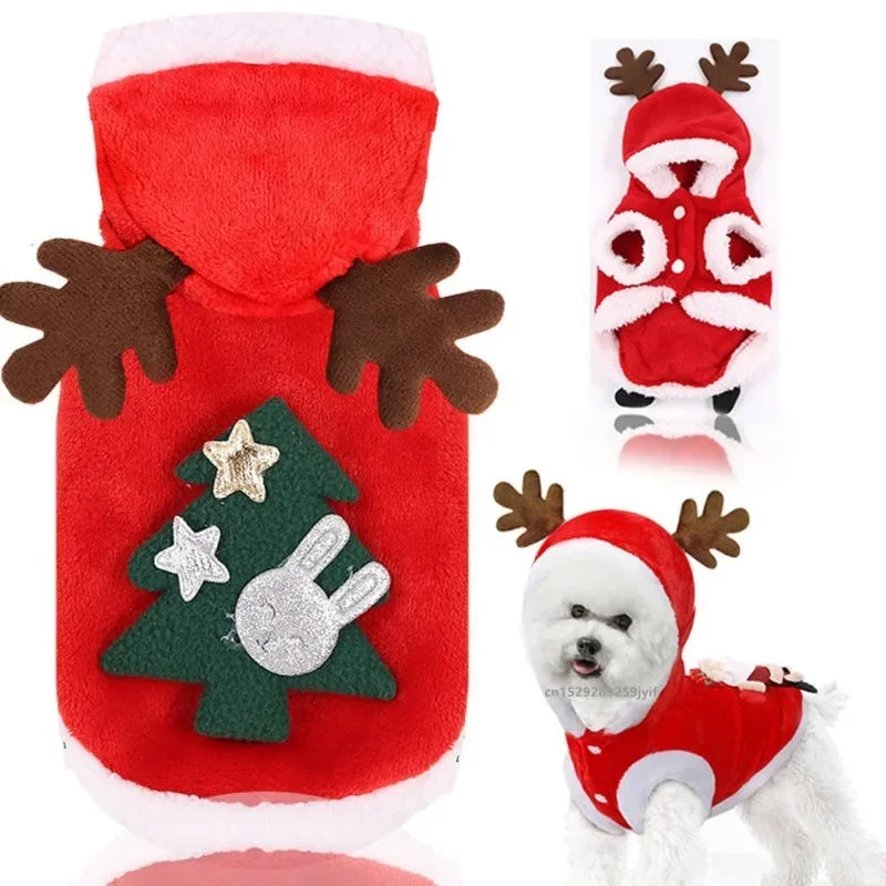 Christmas Dog Hoodie with Antlers – Red Festive Costume