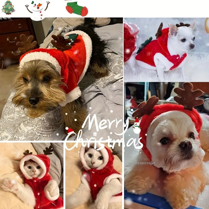 Christmas Dog Hoodie with Antlers – Red Festive Costume