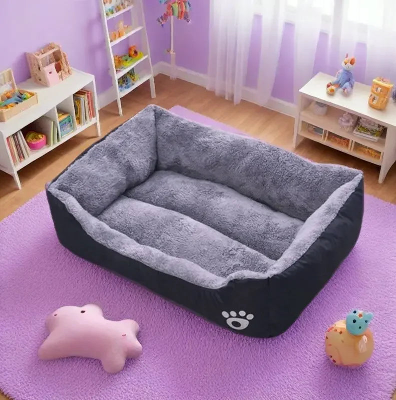 Plush grey pet bed on a purple rug in a cozy, pastel-themed kids' room with toys and shelves.