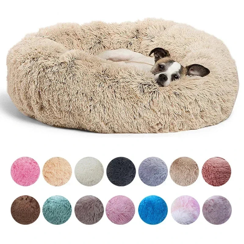 Small dog resting in a fluffy round beige pet bed, with multiple color options displayed below.