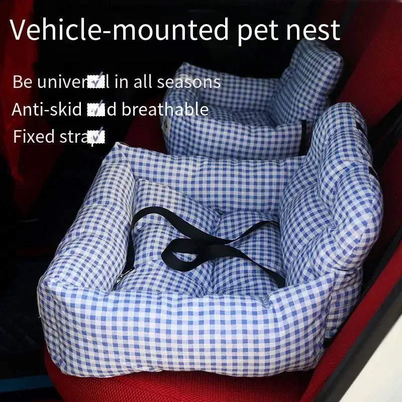 Blue checkered vehicle pet nest seat with safety strap on red car seat, anti-skid design