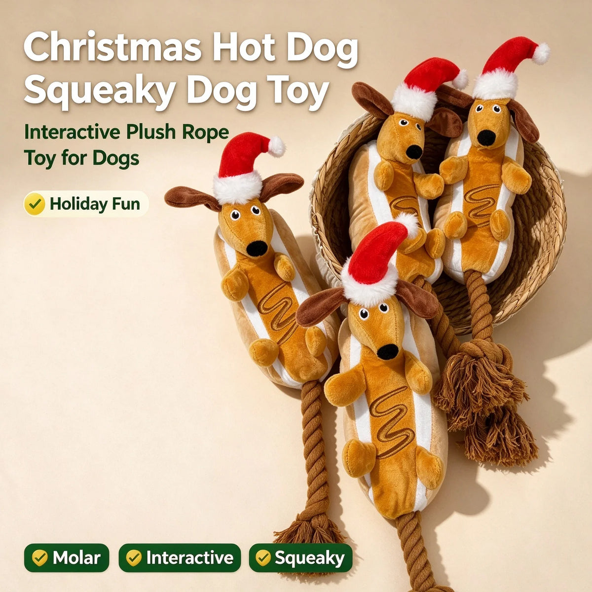 Christmas Dachshund Dog Toy – Plush Squeaky Rope Toy