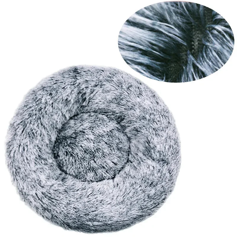 Round grey faux fur calming pet bed with close-up of soft plush texture