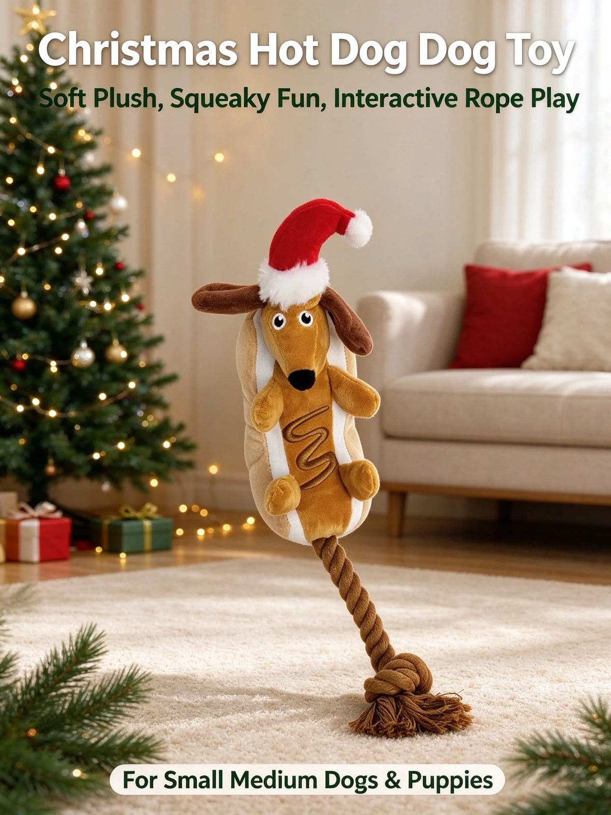 Christmas Dachshund Dog Toy – Plush Squeaky Rope Toy