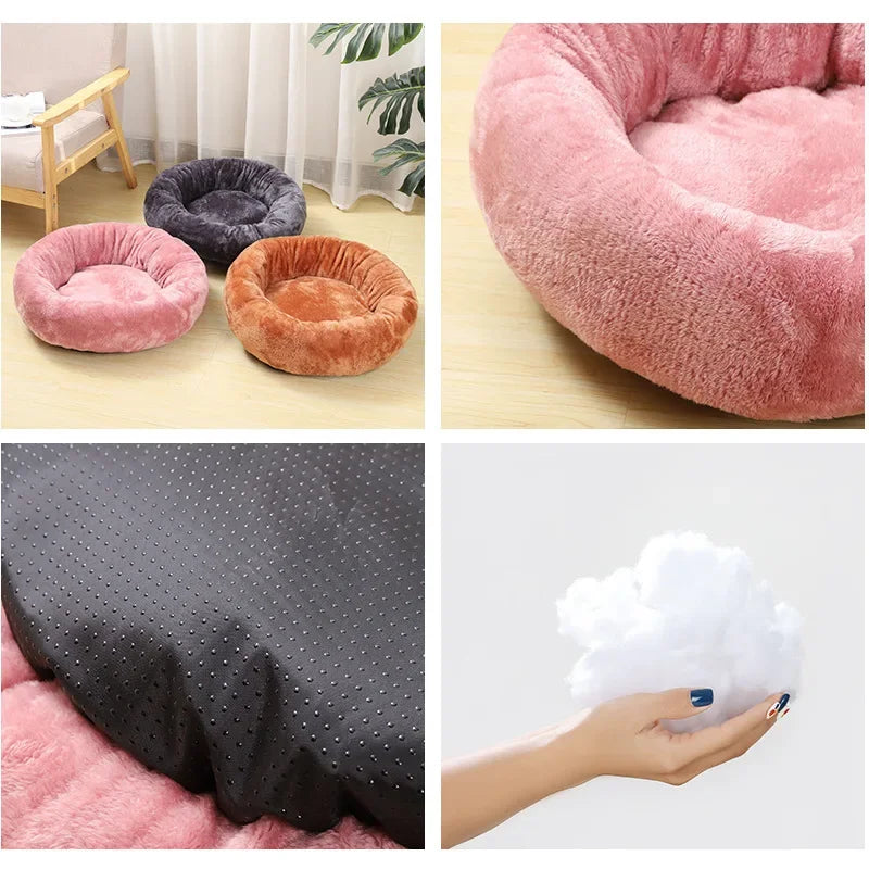 Plush round pet beds in pink, brown, and gray, with non-slip bottom and soft filling.
