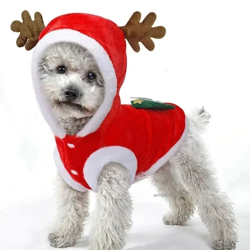 Christmas Dog Hoodie with Antlers – Red Festive Costume