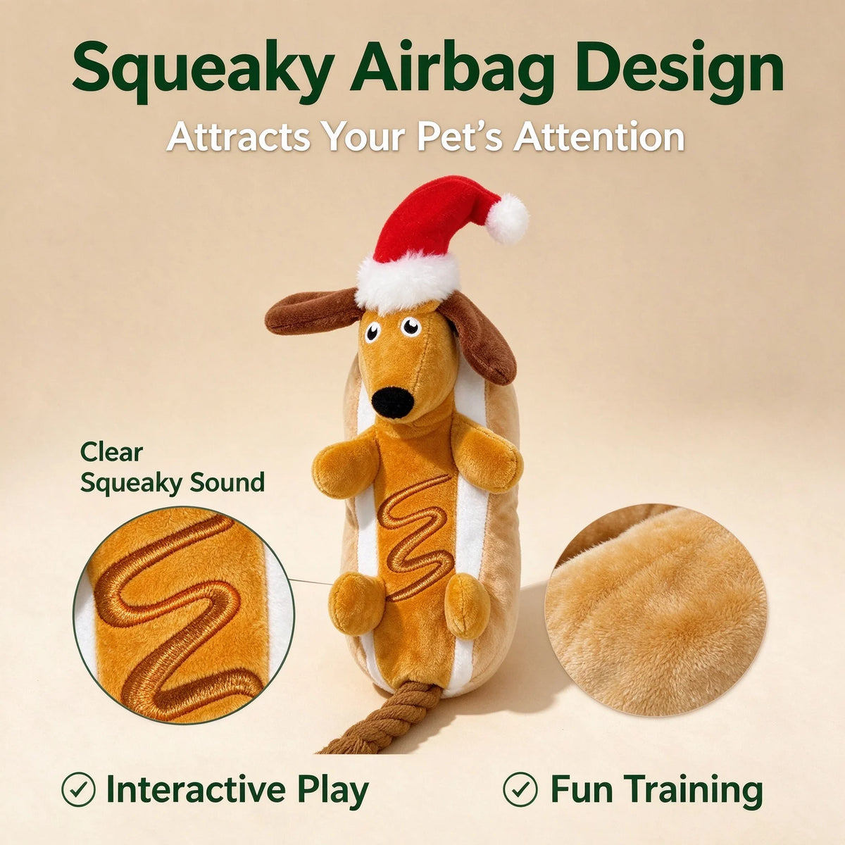 Christmas Dachshund Dog Toy – Plush Squeaky Rope Toy