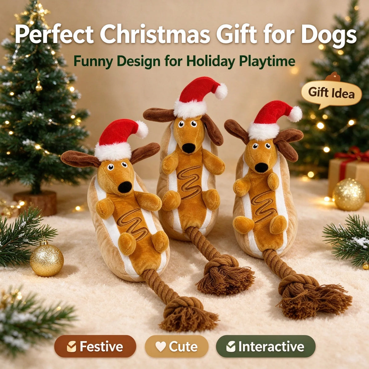 Christmas Dachshund Dog Toy – Plush Squeaky Rope Toy