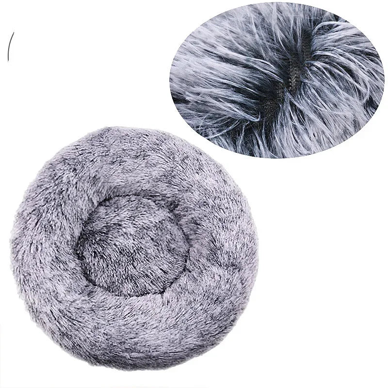 Round fluffy gray pet bed with close-up of soft faux fur texture