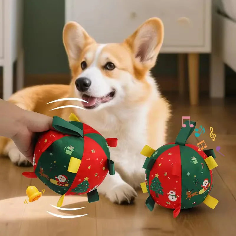 Christmas Plush Dog Ball with Bell – Red Festive Toy