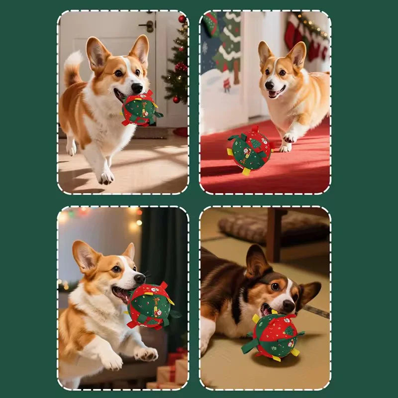 Christmas Plush Dog Ball with Bell – Red Festive Toy