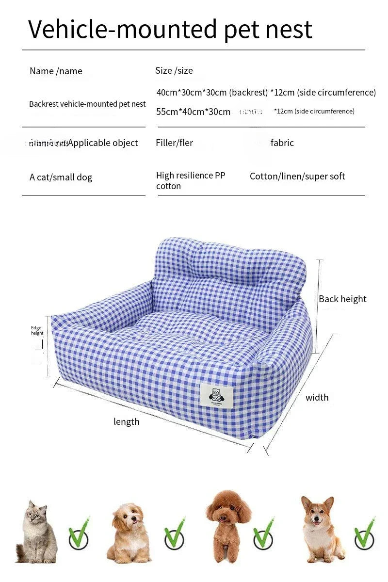 Blue plaid vehicle-mounted pet bed for cats and small dogs, size chart and pet icons