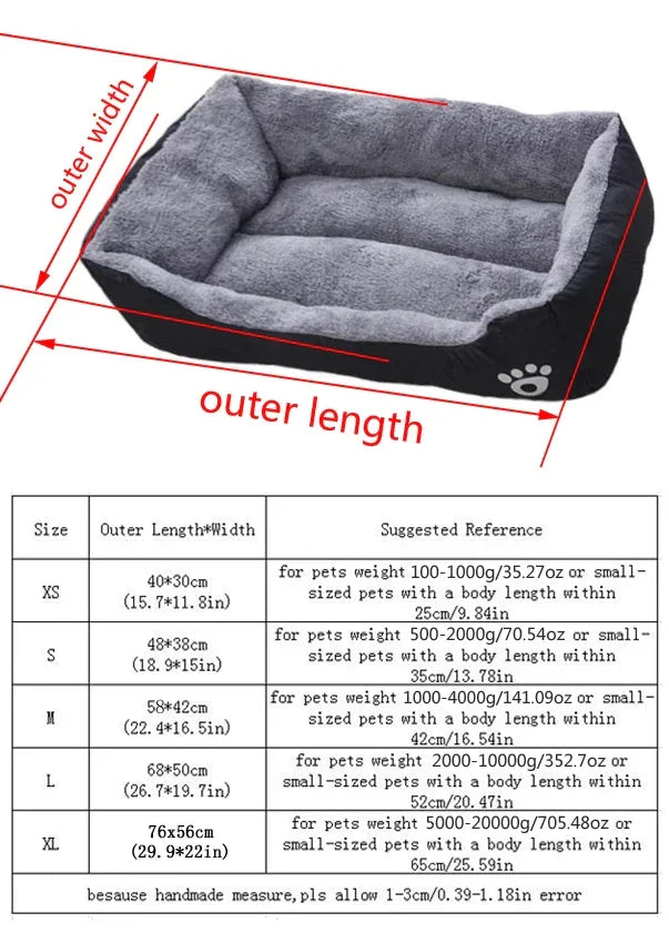 Gray plush rectangular pet bed with size guide chart and measurement instructions.